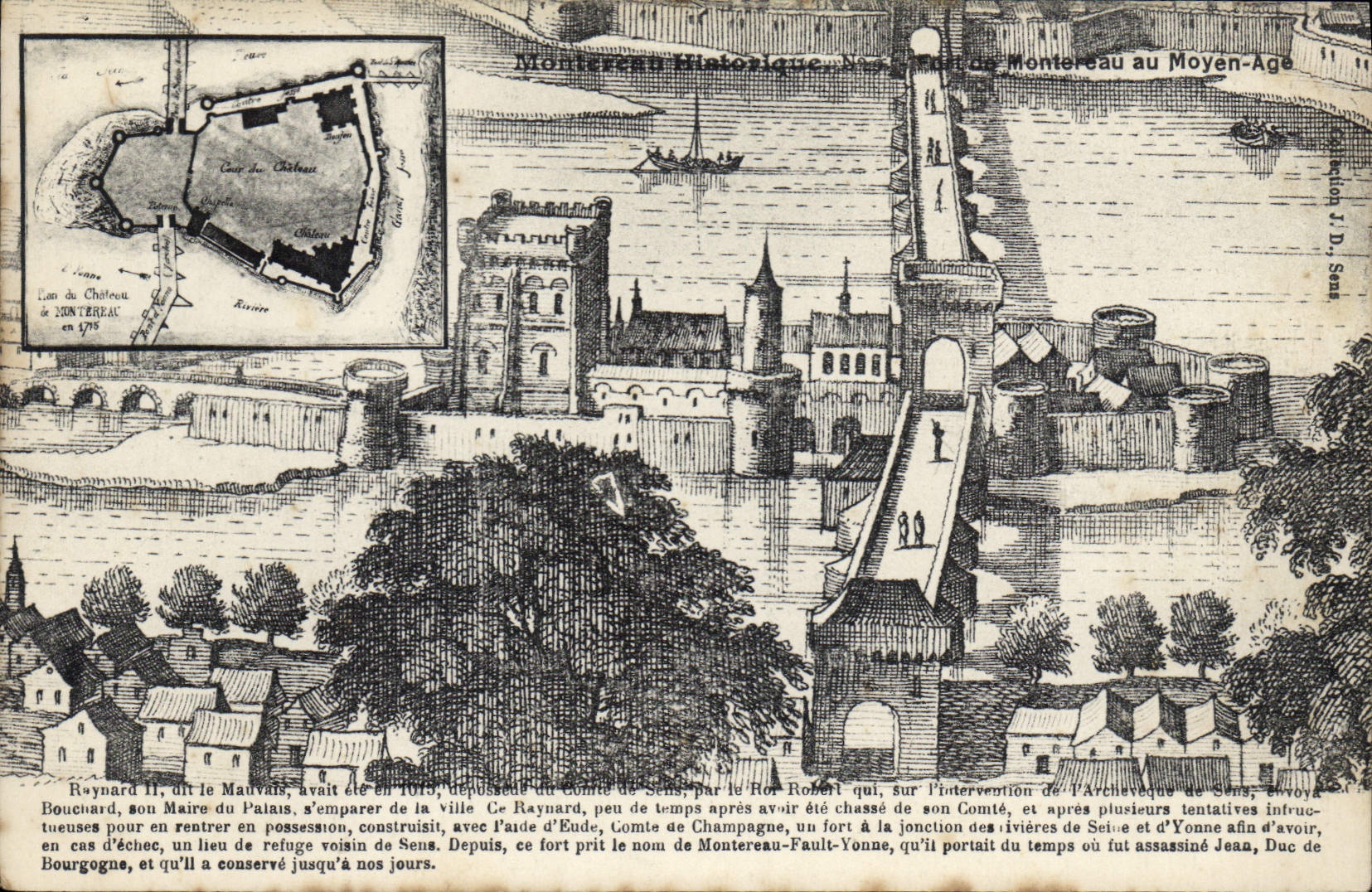 Montreuil en la Edad Media — vista histórica con plano del castillo — edición J.D. San - Anverso
