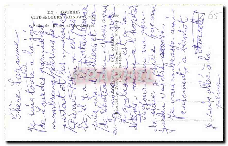 CPA Lourdes Cite Secours Saint Pierre Salle et Repos et le Lecture  — Verso