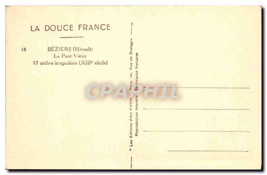 CPA Beziers Herault le Pont Vieux 17 arches irregulieres XIII siecle  — Rückseite