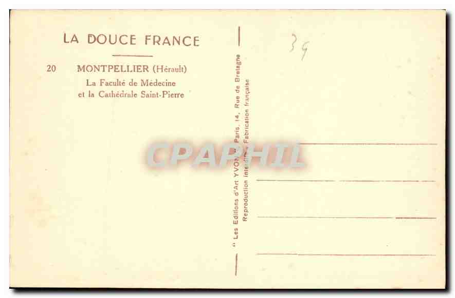 CPA Montpellier Herault la Faculte de Medecine et la Cathedrale Saint Pierre  — Verso
