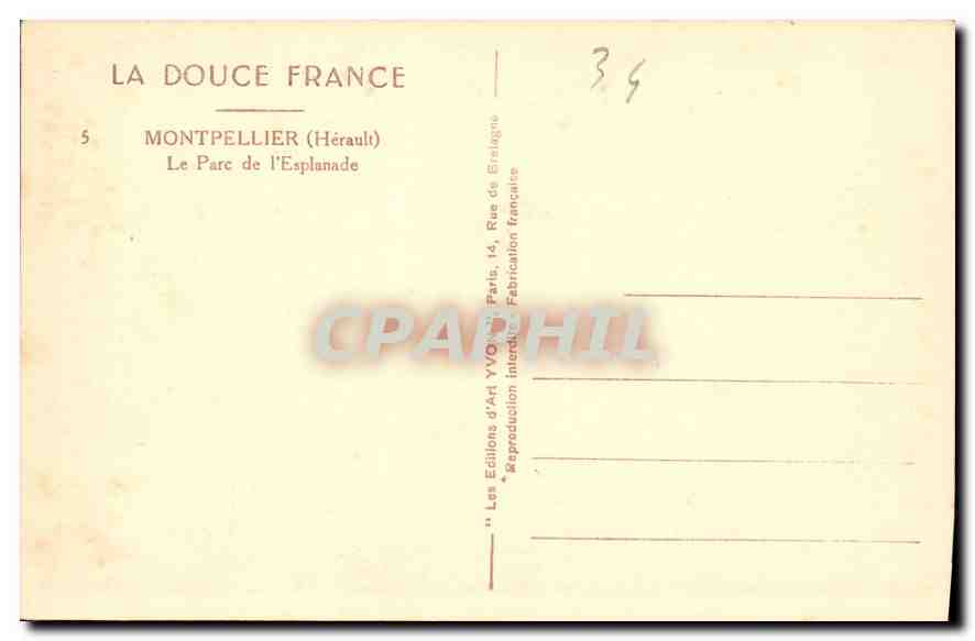 CPA Montpellier Herault le Parc de l'Esplanade  — Rückseite