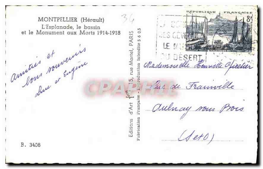 CPA Montpellier Herault l'Esplanade le Bassin et le Monument aux Morts 1914 1918  — Rückseite