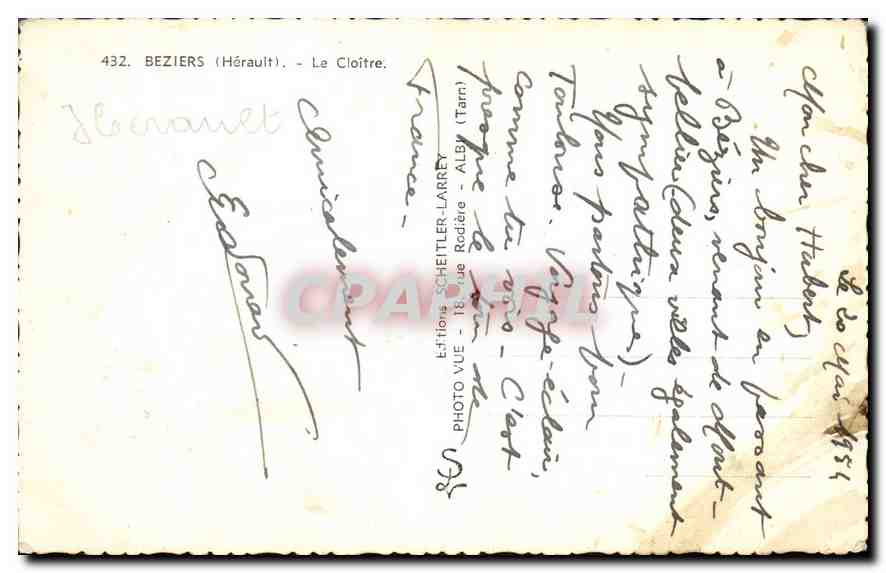 CPA Beziers Herault le Cloitre  — Back