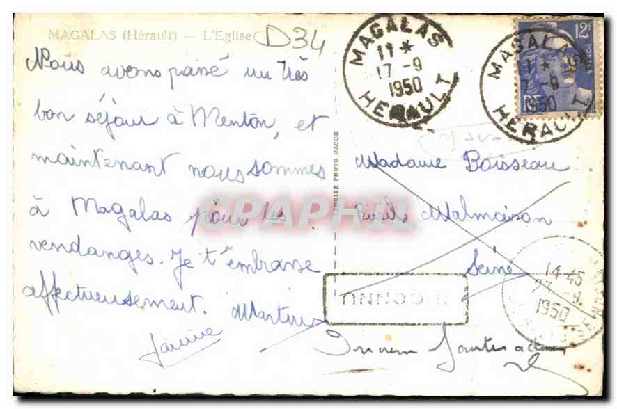 CPA Magalas Herault l'Eglise  — Rückseite