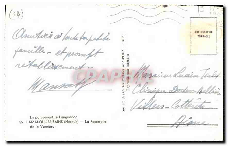 Lamalou-les-Bains (Hérault) — La Passerelle — Société des Cartes Postales APA-POUX — Rückseite