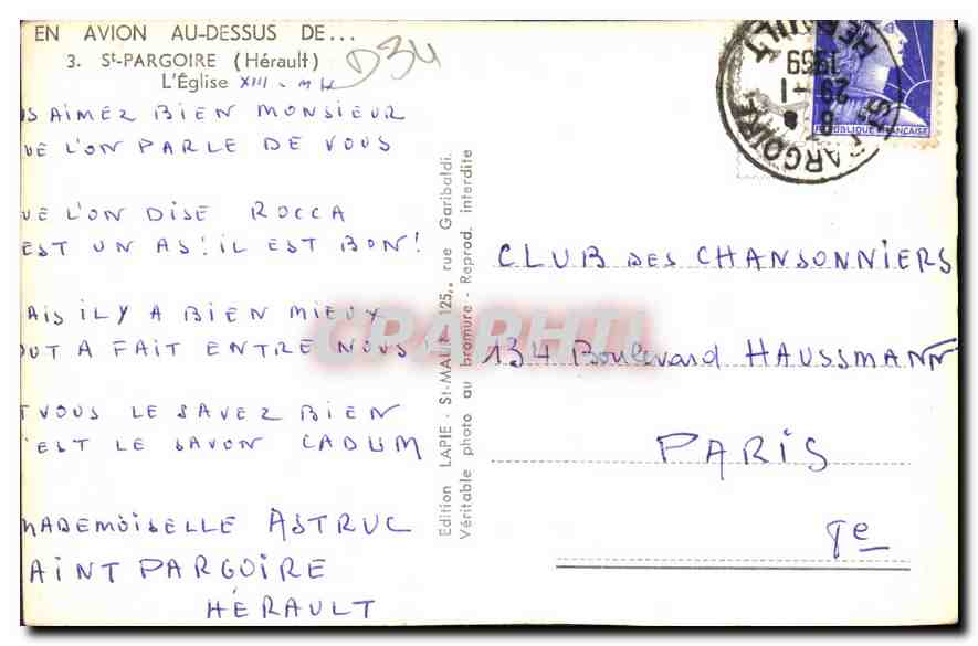 CPA En avion au dessus de St Pargoire Herault l'Eglise  — Back