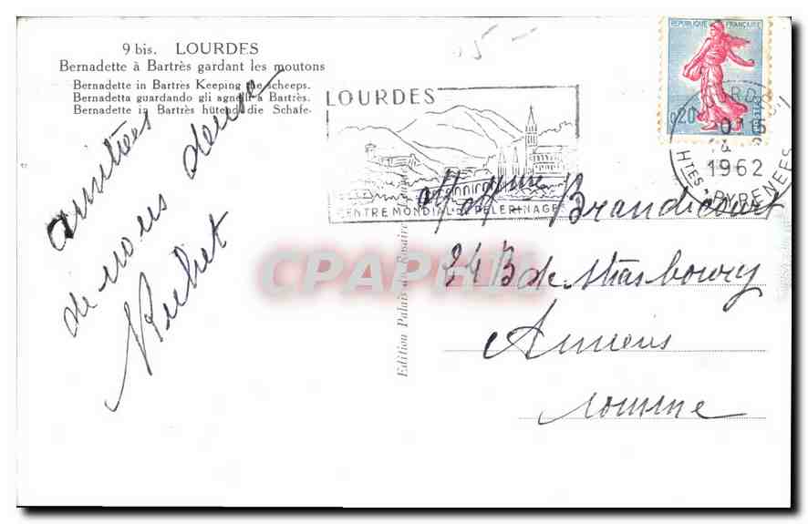 CPA Lourdes Bernadette a Bartres Gardant les moutons  — Verso