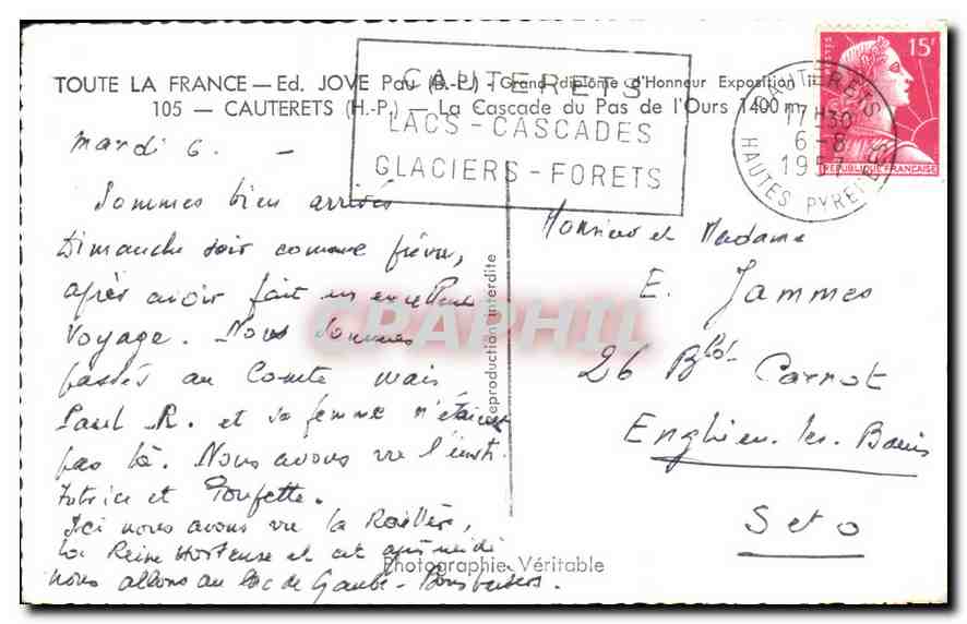 CPA Toute la France Ed Jove Pau Cauterets H p la Cascade du Pas de l'Ours  — Rückseite