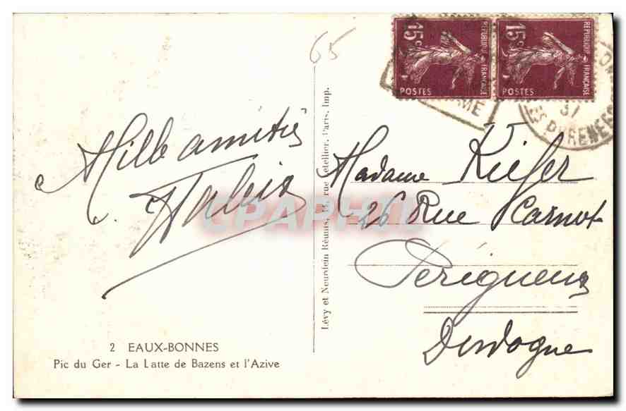 Pic du Ger - La Latte de Bazens et l'Azive — Eaux-Bonnes — éditeur Lévy et Nouvelin, Paris — Back