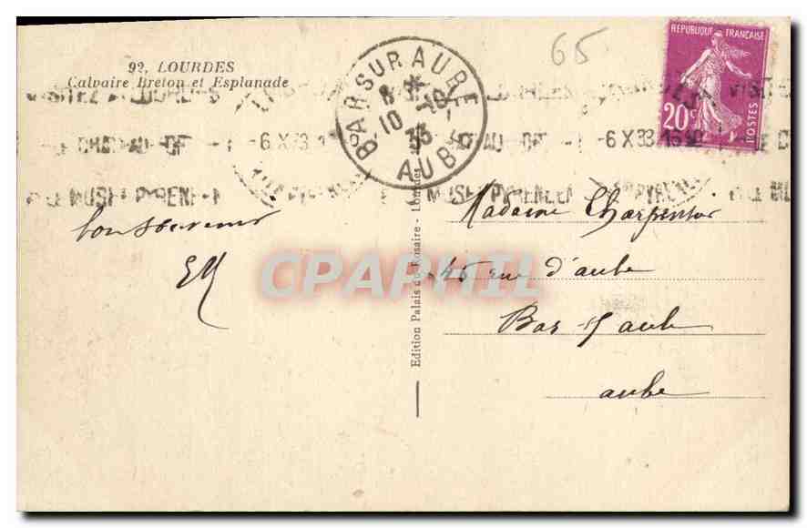 CPA Lourdes Calvaire Breton et Esplanade  — Verso