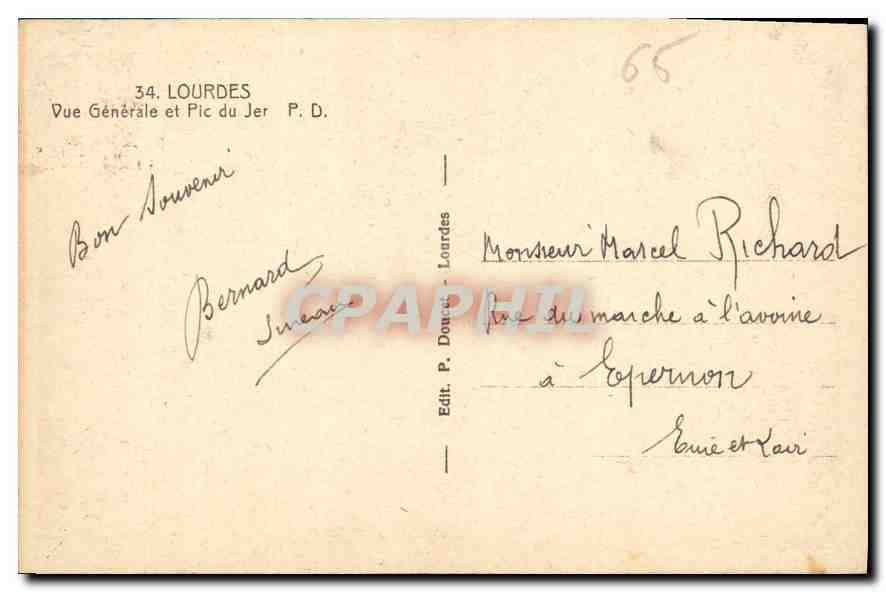 CPA Lourdes vue generale et Pic du Jer  — Verso