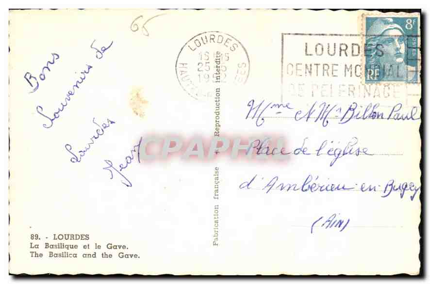 CPA Lourdes la Basilique et le Gave  — Verso