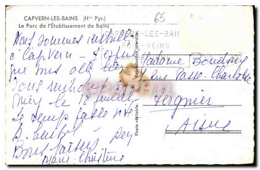 Capvern-les-Bains — Le Parc de l'Établissement de Bains — Éditeur : CAPVERN-LES-BAINS (H¹res Pyr.) — Verso
