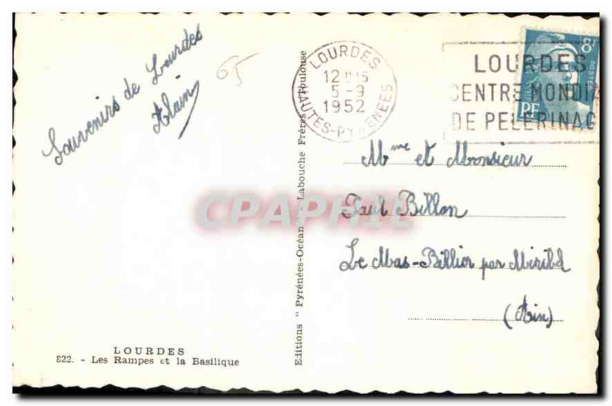 CPA Lourdes les Rampes et la Basilique  — Verso