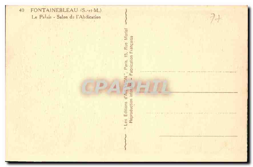 Fontainebleau - Salon de l'Abdication — Les Éditions d'Art Martel, Paris — Verso