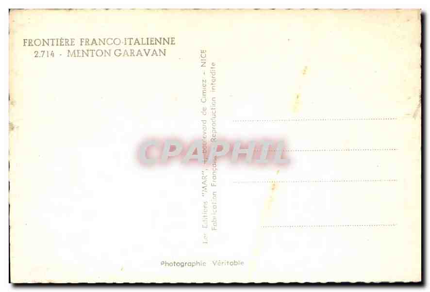 CPA Frontiere Franco Italienne Menton Garavan  — Rückseite
