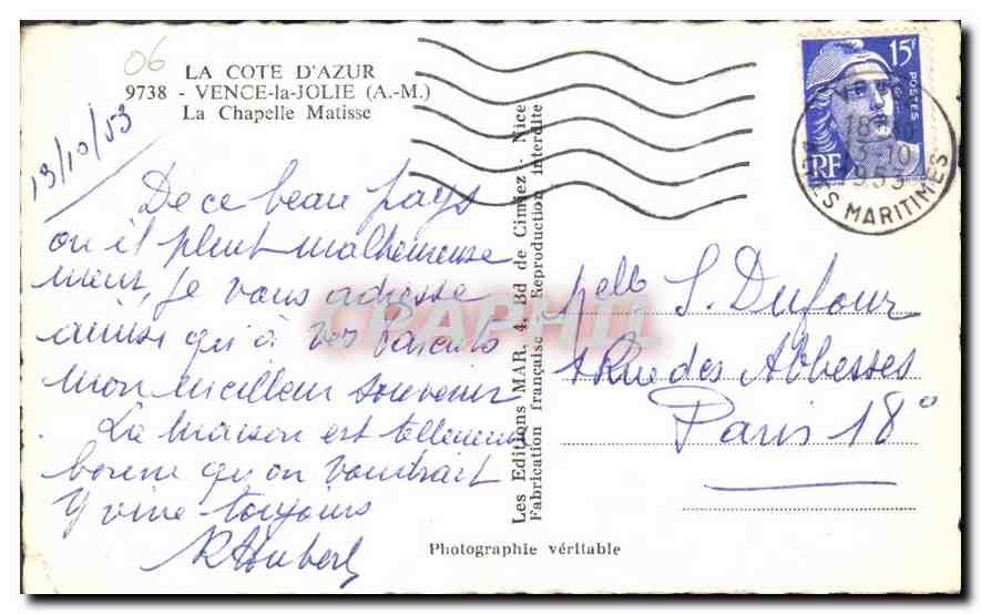CPA La Cote d'Azur Vence la Jolie A M La Chapelle Matisse  — Rückseite