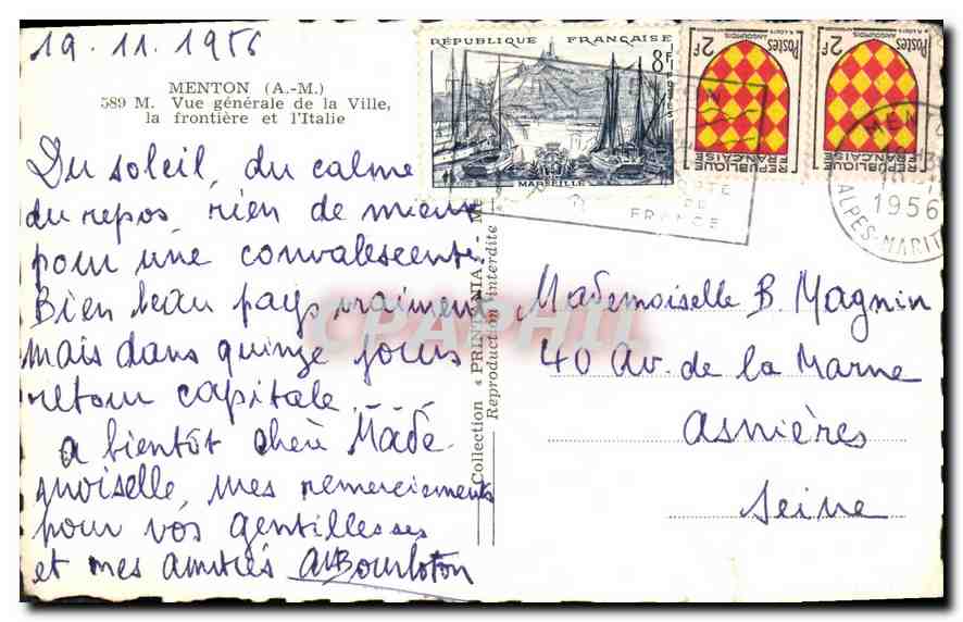 CPA Menton A M Vue generale de la Ville la frontiere et l'Italie  — Verso