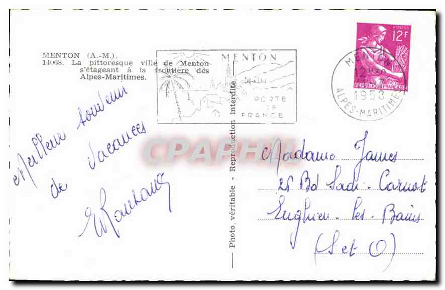 CPA Menton A M La pittoresque ville de Menton s'etageant a la frontiere des Alpes Maritimes  — Rückseite