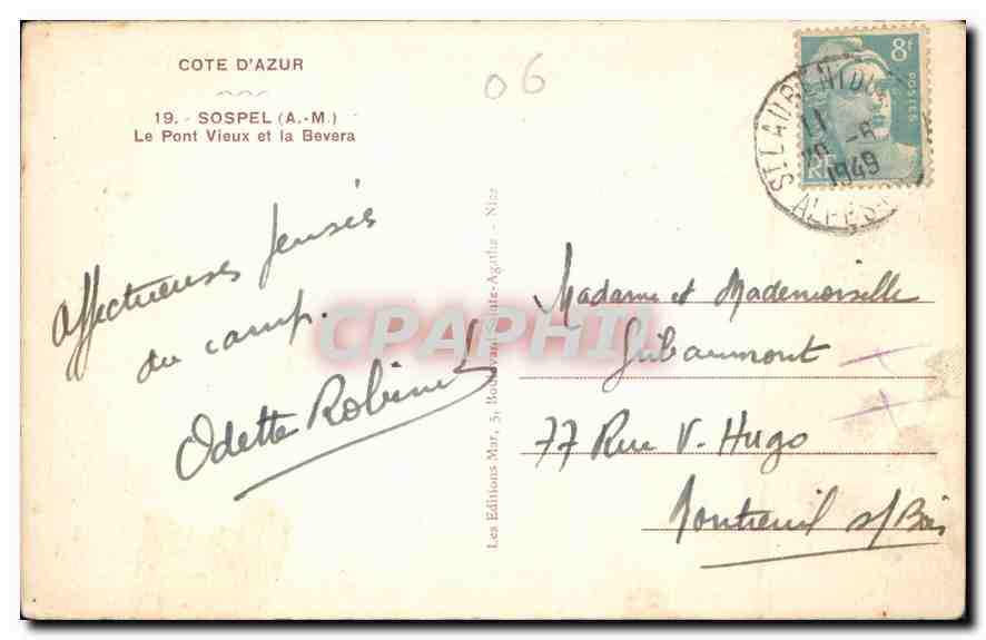 CPA Cote d'Azur Sospel A M Le Pont Vieux et la Bevera  — Rückseite