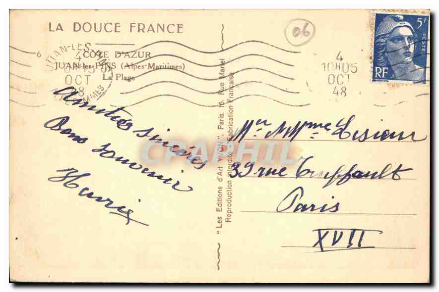 CPA La Douce France Cote d'Azur Juan les Pins Alpes Maritimes la Plage  — Rückseite