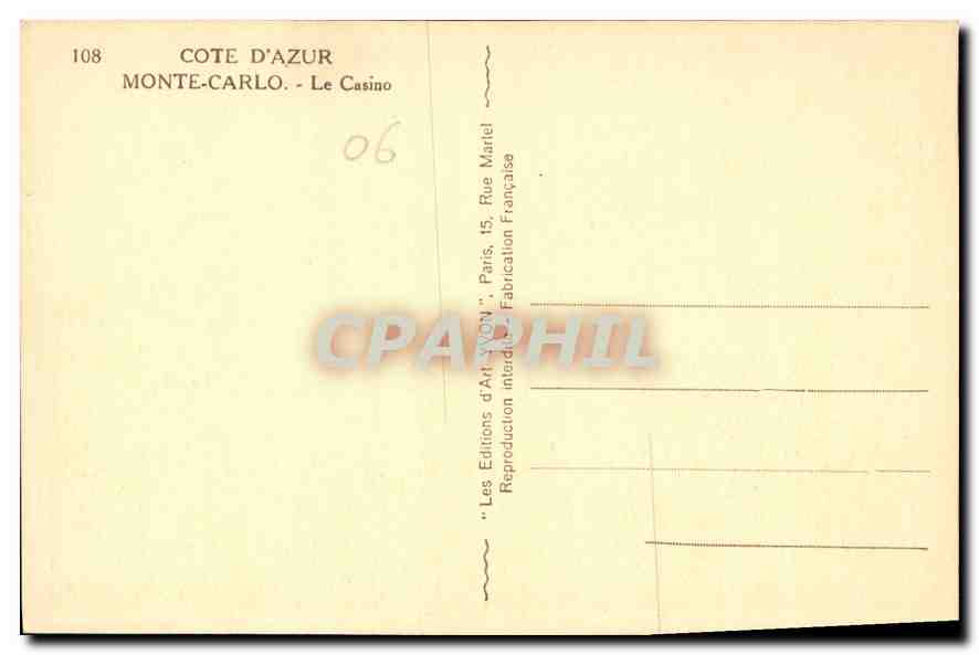 CPA Cote d'Azur Monte Carlo le Casino  — Rückseite