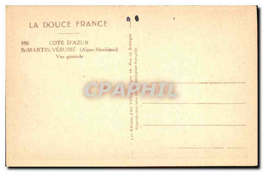 CPA La Douce France Cote d'Azur St Martin Vesubie Alpes Maritimes vue generale  — Rückseite