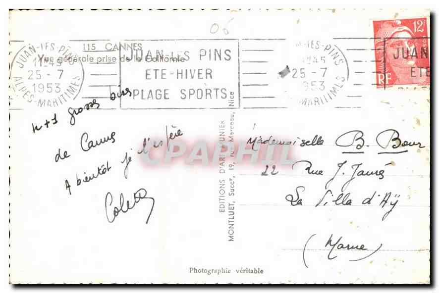 CPA Cannes vue generale prise de la Californie  — Verso