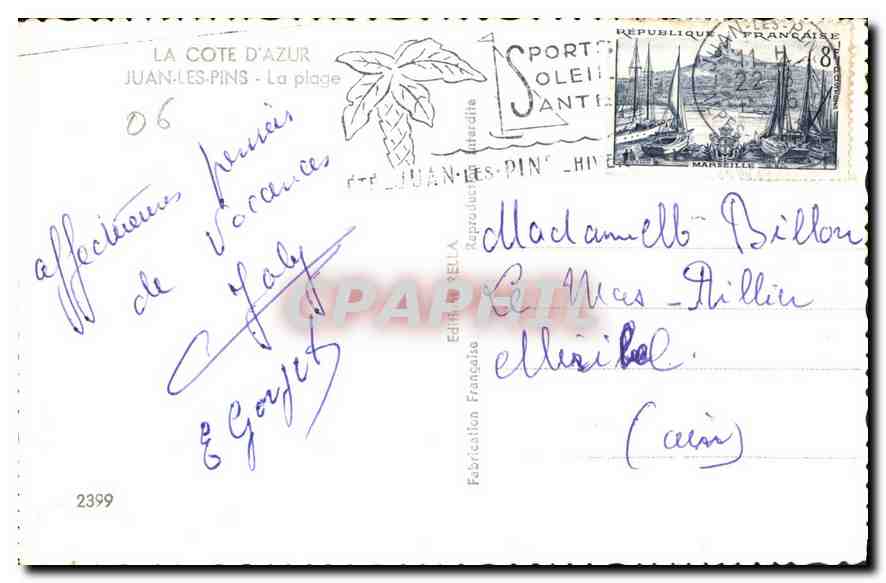 La Côte d'Azur — Juan-les-Pins — plage — Éditeur Rella, n°2399 — Rückseite