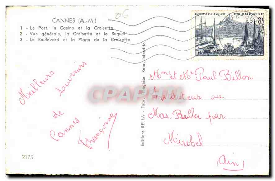 Cannes — Souvenir de Cannes — Éditions Rella, n°2175 — Reverso