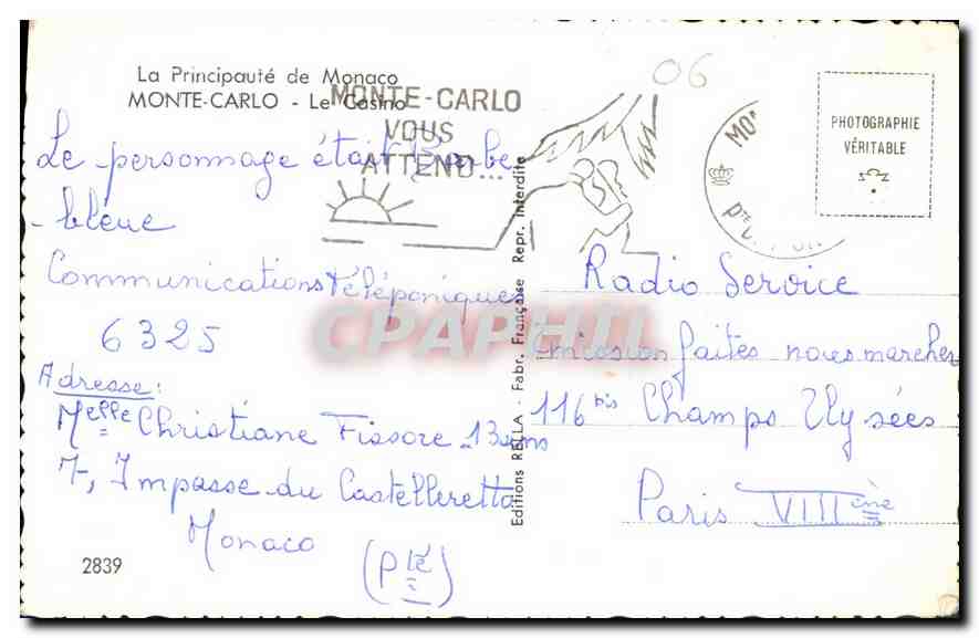 CPA La Principaute de Monaco Monte Carlo Le Casino  — Back