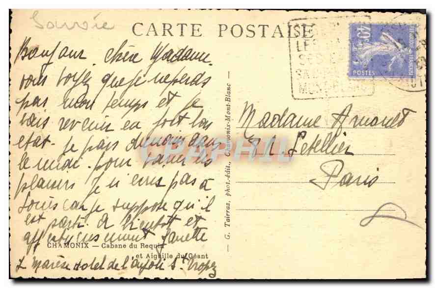 CPA Chamonix Cabane du Requi et Aiguille du Geant  — Verso