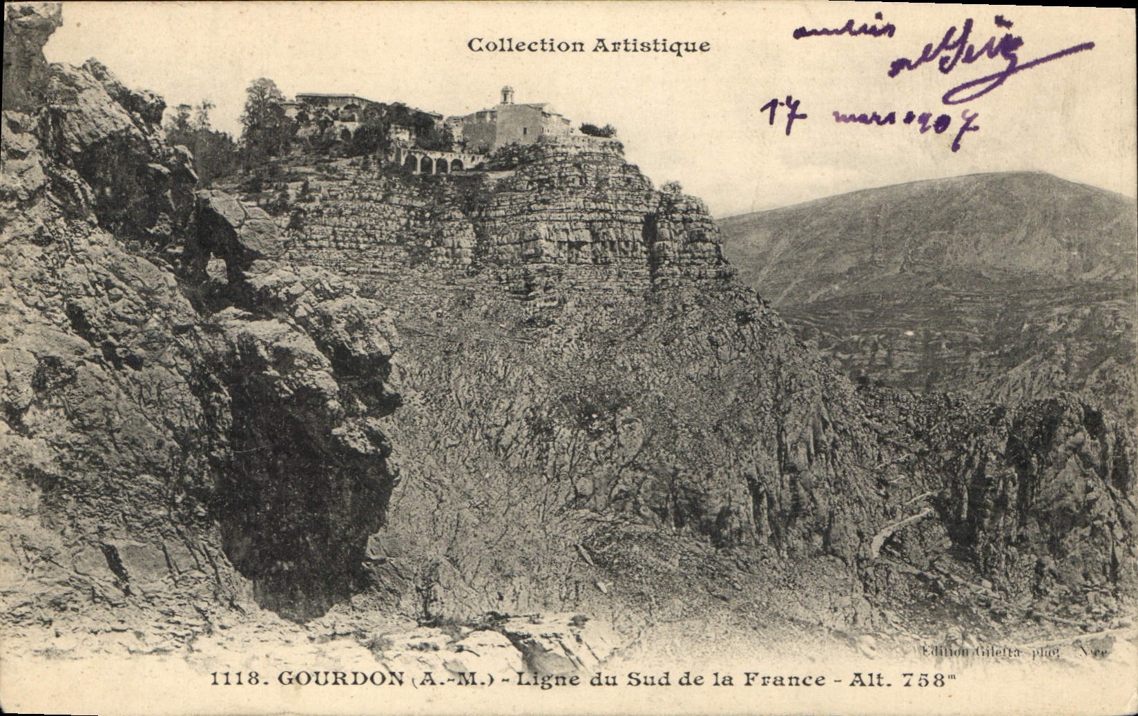 Gourdon (A.M.) — Ansicht des am Felsen gelegenen Dorfes — Gilelta-Ausgabe, Nr. 1118
