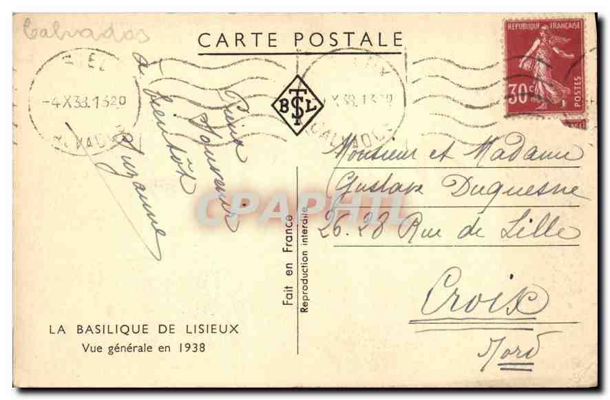 La Basilique de Lisieux — Vue générale en 1938 — Édition BSL — Back