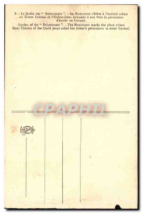 Jardin des Buissonnets — Monument commémoratif — CPAPHIL — Rückseite