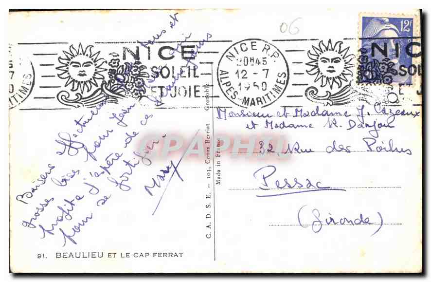 CPA Beaulieu et le Cap Ferrat  — Rückseite