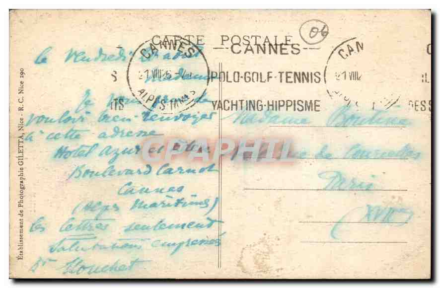 CPA Cannes Entre les Pins Croix des Gardes  — Rückseite