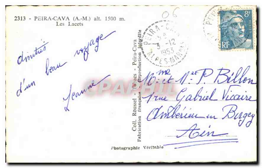 Route sinueuse en montagne — Peïra-Cava (A.-M.) alt. 1500 m. — Coll. Roussel — Fabrication Véritable — Verso
