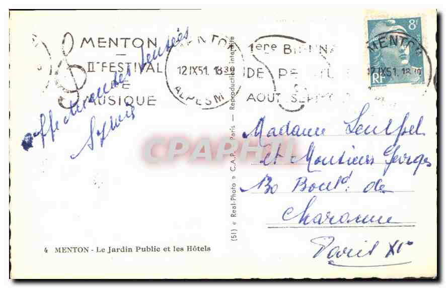 CPA Menton Le jardin public et les hotels — Rückseite