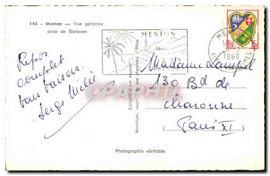 CPA Menton Vue generale prise de Garavan  — Rückseite