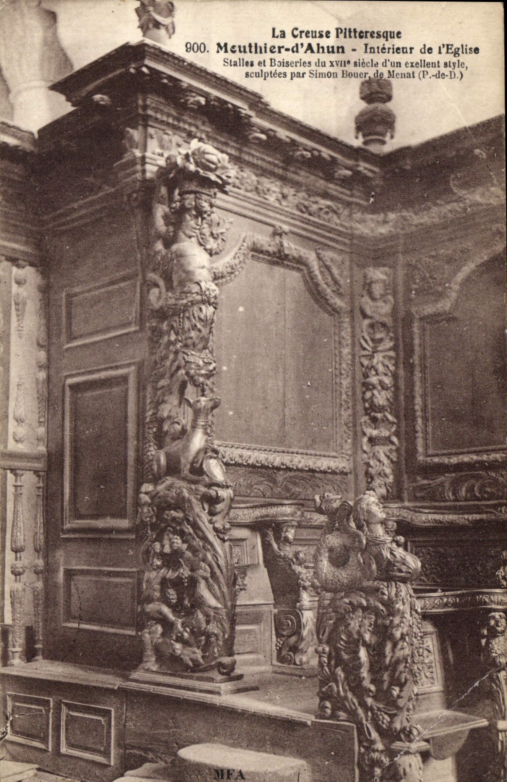 Meuthier-d'Ahun — Innenansicht der Kirche — Geschnitzte Holzarbeiten von Simon Bouer, aus Menat (P.-de-D.)