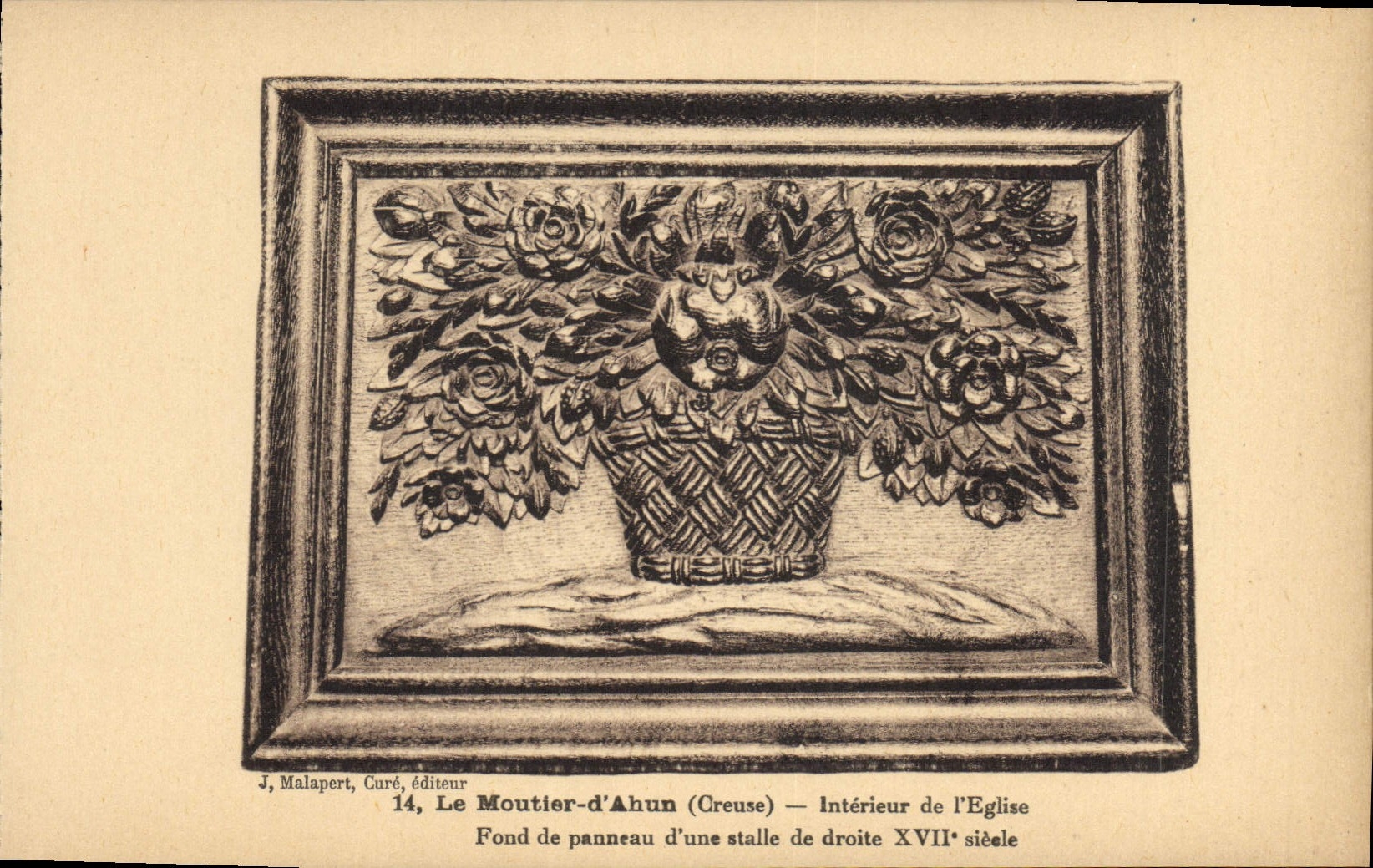 Le Moutier-d'Ahun (Creuse) — Intérieur de l'église — Fond de panneau d'une stalle du XVIIe siècle — J. Malapert, Curé, éditeur