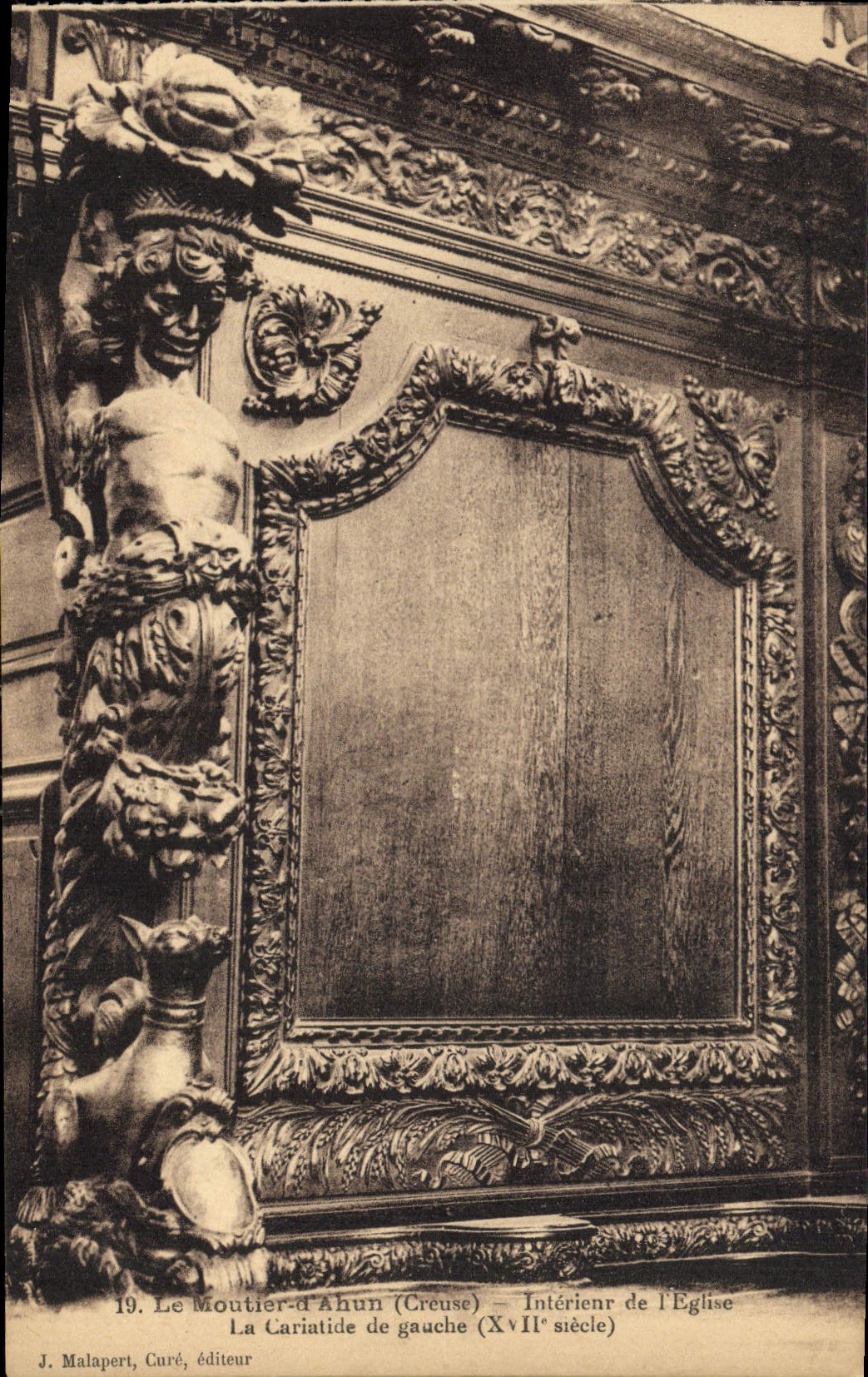 Le Moutier-d'Ahun (Creuse) — Intérieur de l'Église, la Cariatide de gauche (XVIIe siècle) — J. Malapert, Curé, éditeur