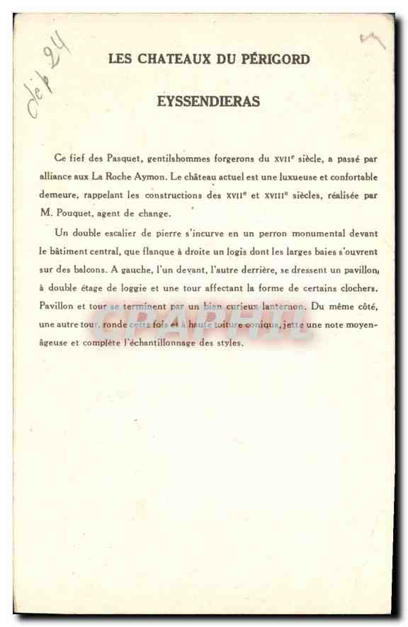 CPA Les Chateaux du Perigord Eyssendieras  — Verso