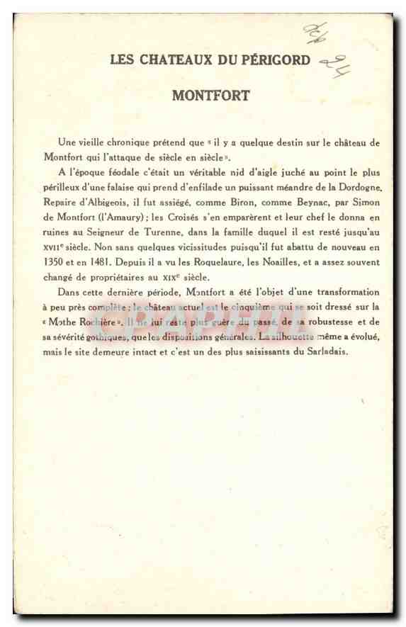 Château de Montfort — Les Châteaux du Périgord — Collection de la Solution Paulanberge, 10e Série — Rückseite