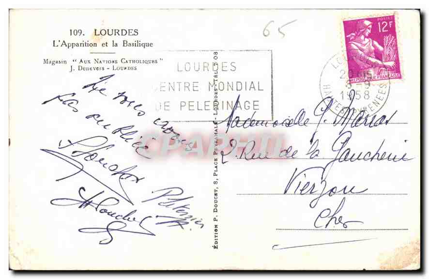 CPA Lourdes L'Apparition et la Basilique  — Verso