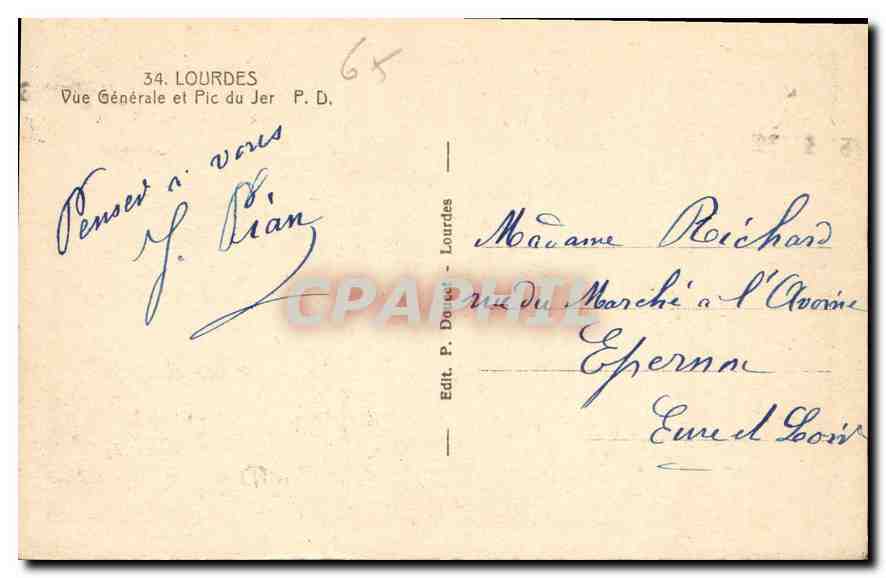 CPA Lourdes Vue Generale et Pic du Jer  — Verso