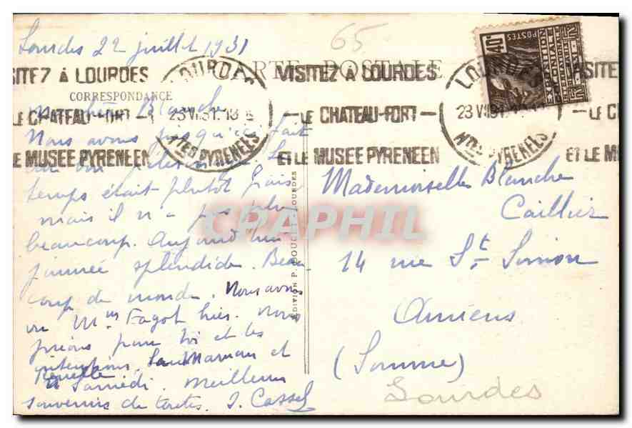 CPA Lourdes La Basilique et le Chateau Fort  — Verso