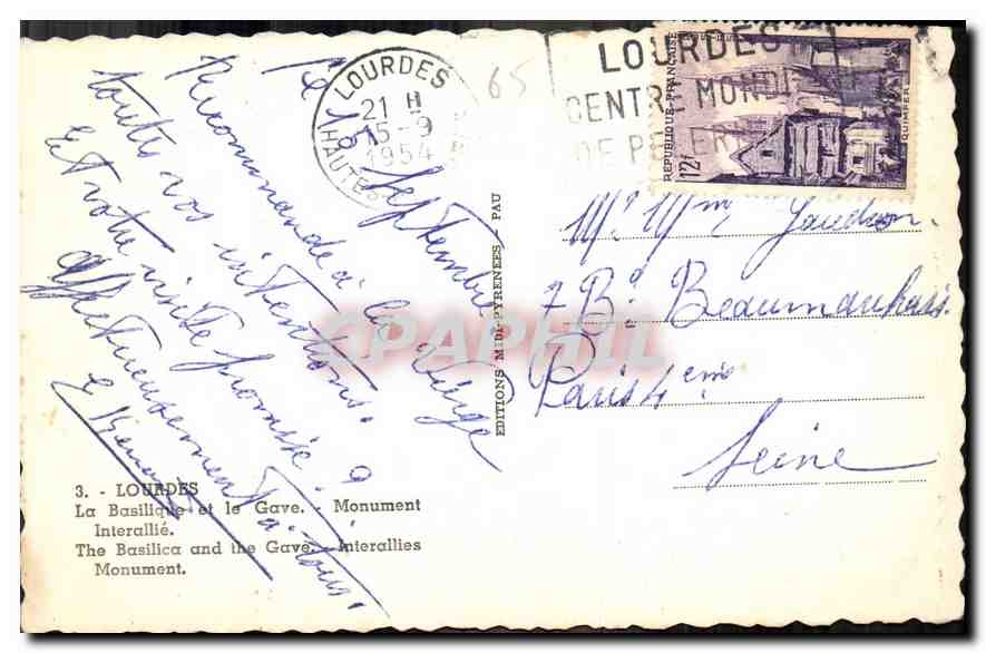 CPA Lourdes La Basilique et le Gave Monument Interallie  — Verso