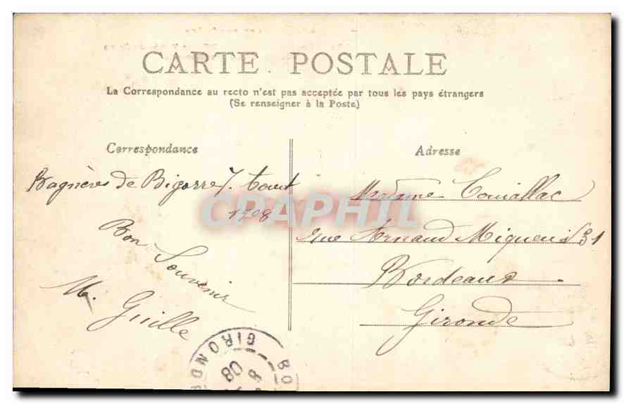 Les Pyrénées — Route du Tourmalet, Vallée de Gripp, Hôtels des Cascades — Éditeur non identifié, n° 264 — Reverso